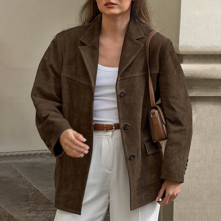 Damen Modische Wildlederjacke im Oversized-Schnitt mit klassischem Kragen und praktischen Taschen Drune
