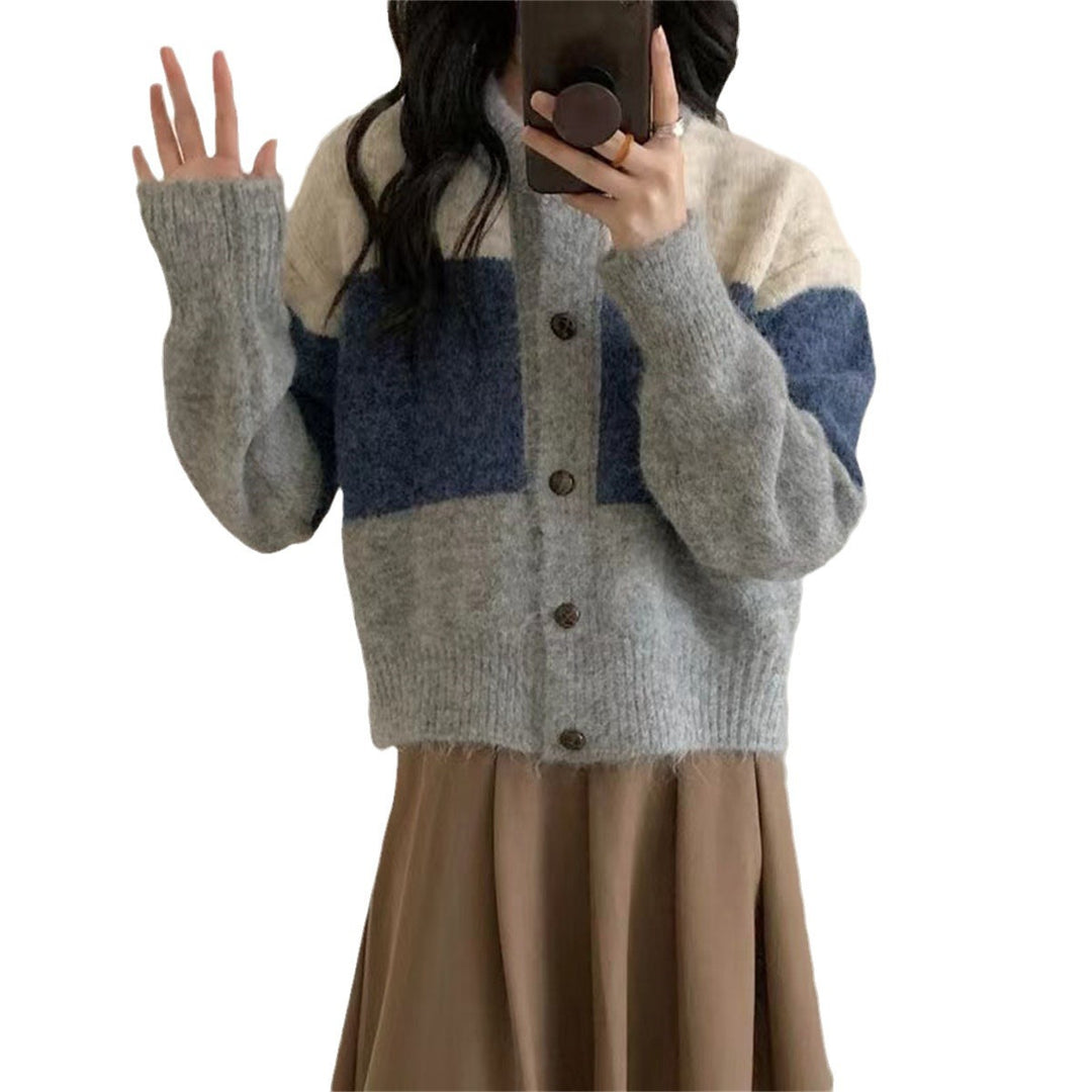 Damen Grobstrickjacke mit knöpfbarem Verschluss und trendigem Farbblockdesign Drune
