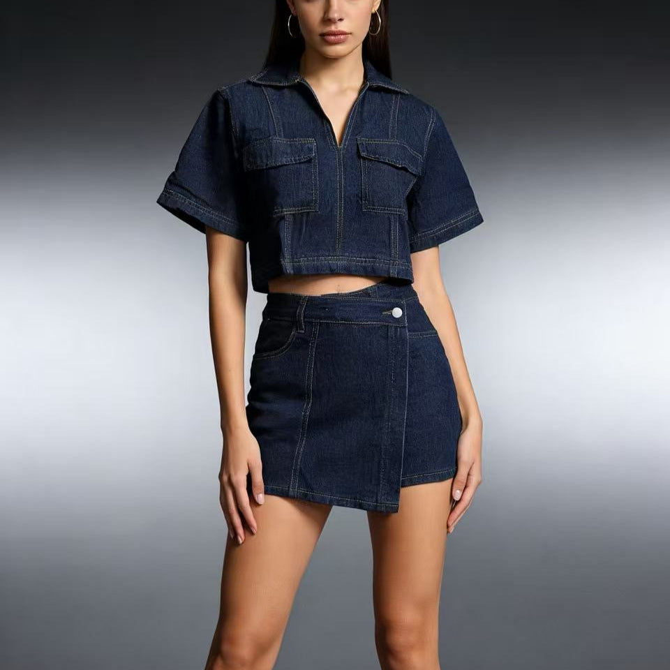 Damen modisches cropped Hemd mit aufgesetzten Taschen und lässigen Shorts Drune