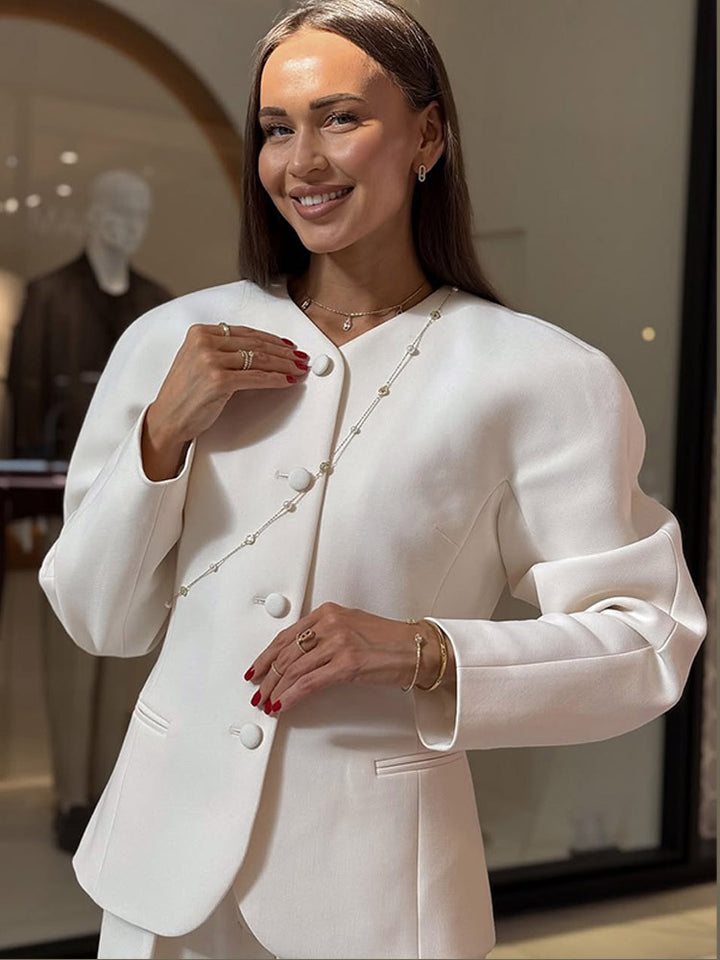 Damen Elegante Blazerjacke mit modischen Puffärmeln und dekorativem Knopfdesign Drune