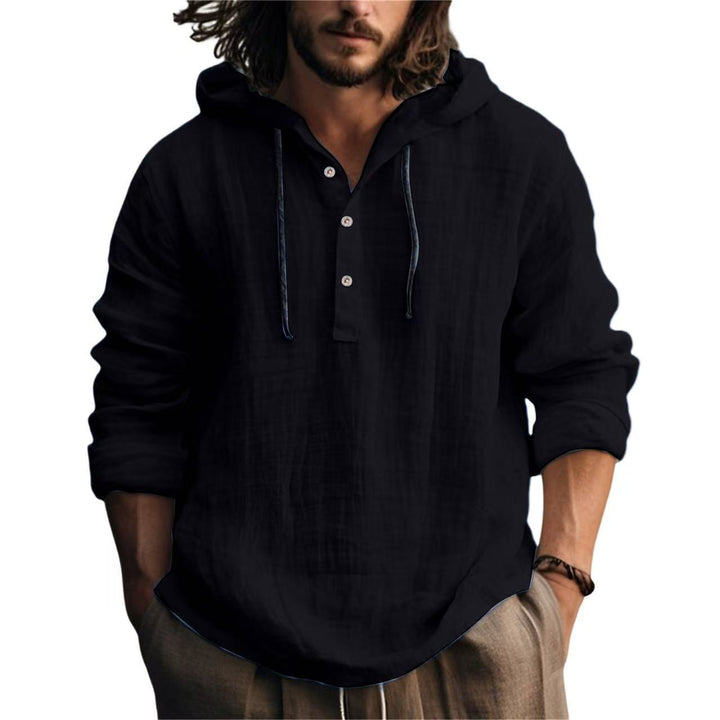 Herren Leichtes Kapuzenhemd im Leinenlook mit Henley-Knopfleiste Drune