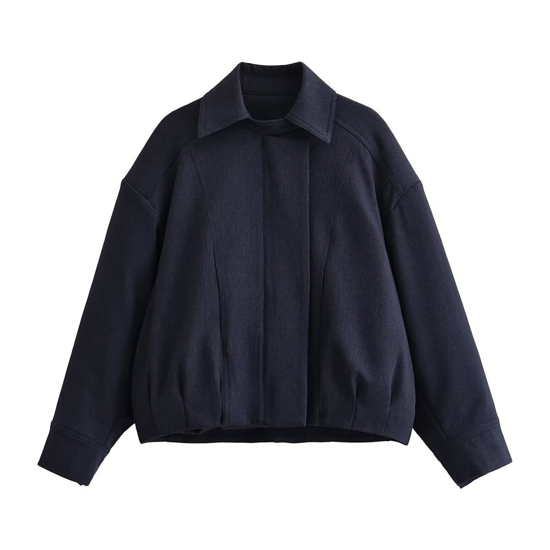 Damen Boxy-Cropped Hemdjacke mit verdeckter Leiste und elastischem Saum Drune