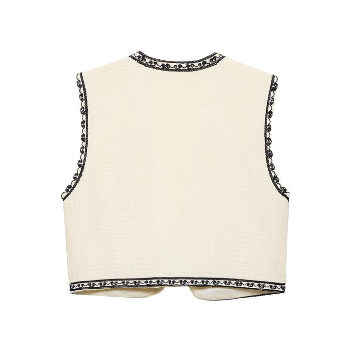 Damen nan leichte bestickte Baumwoll-Weste im Boho-Stil mit V-Ausschnitt und dekorativer Kantenverzierung Drune