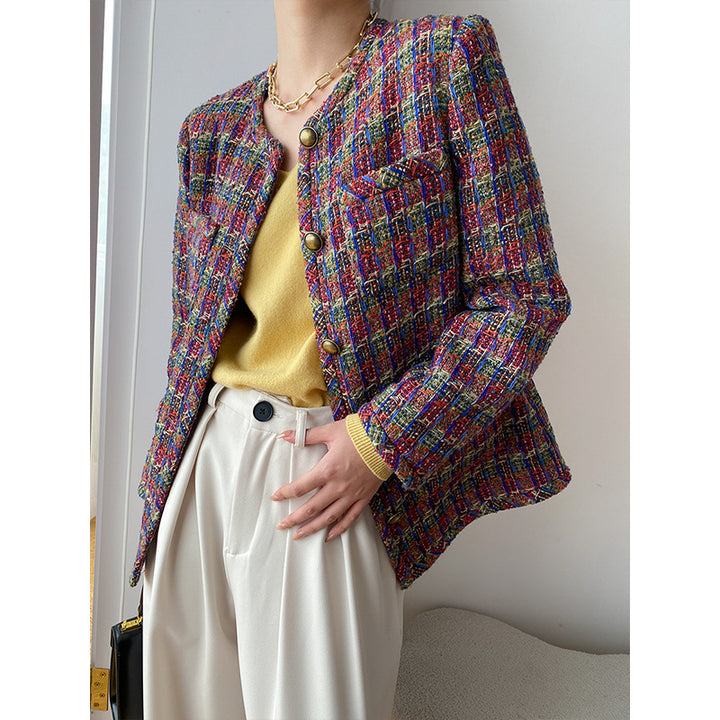 Damen modische Tweedjacke mit dekorativen Knopfdetails und klassischem Design Drune