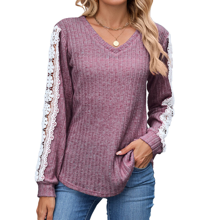 Damen Relaxed Fit V-Ausschnitt Pullover mit Spitzenakzenten Drune
