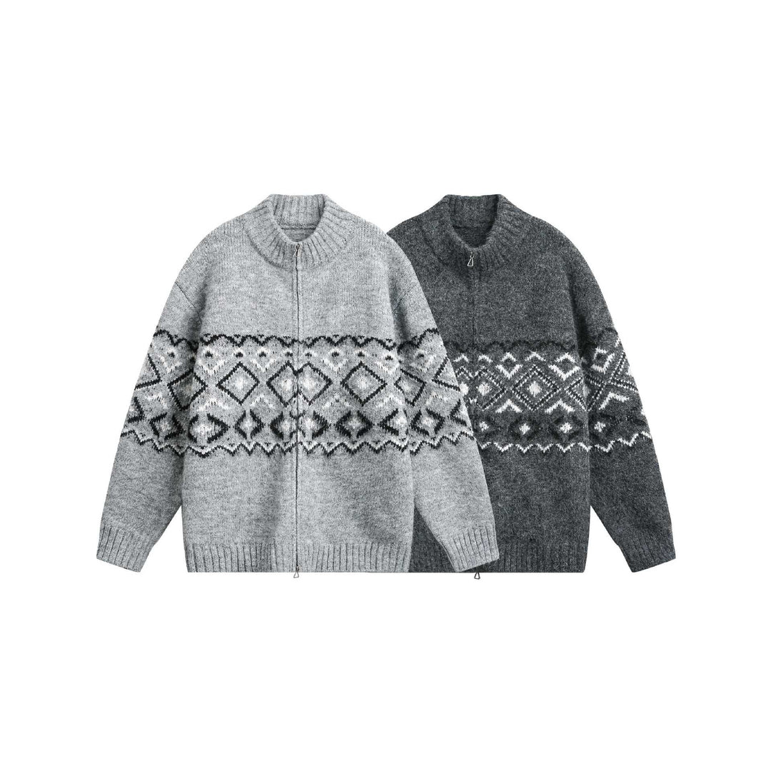 Damen Grobstrick-Zipjacke mit Norwegermuster und hohem Rippkragen Drune