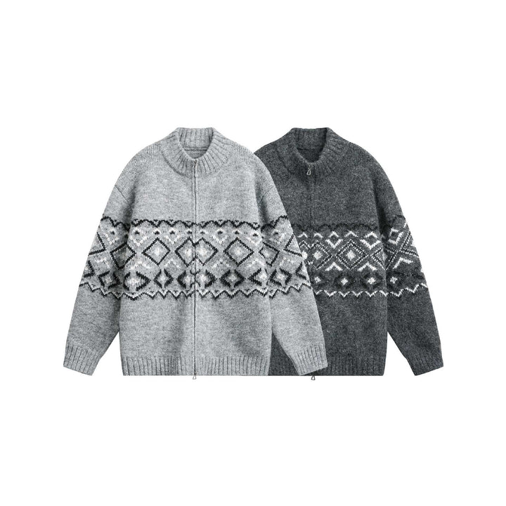 Damen Grobstrick-Zipjacke mit Norwegermuster und hohem Rippkragen Drune