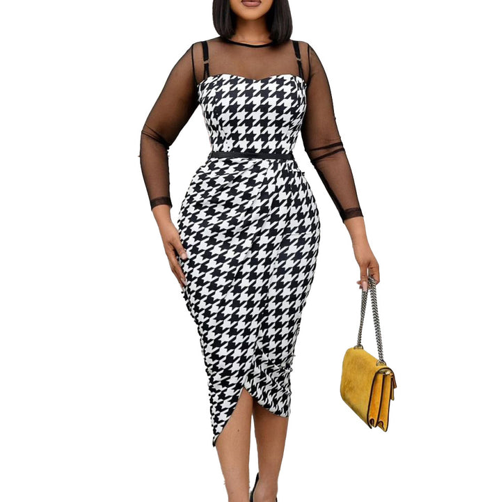 Damen elegantes und figurbetontes Kleid mit Langarm und schickem Hahnentritt-Design Drune