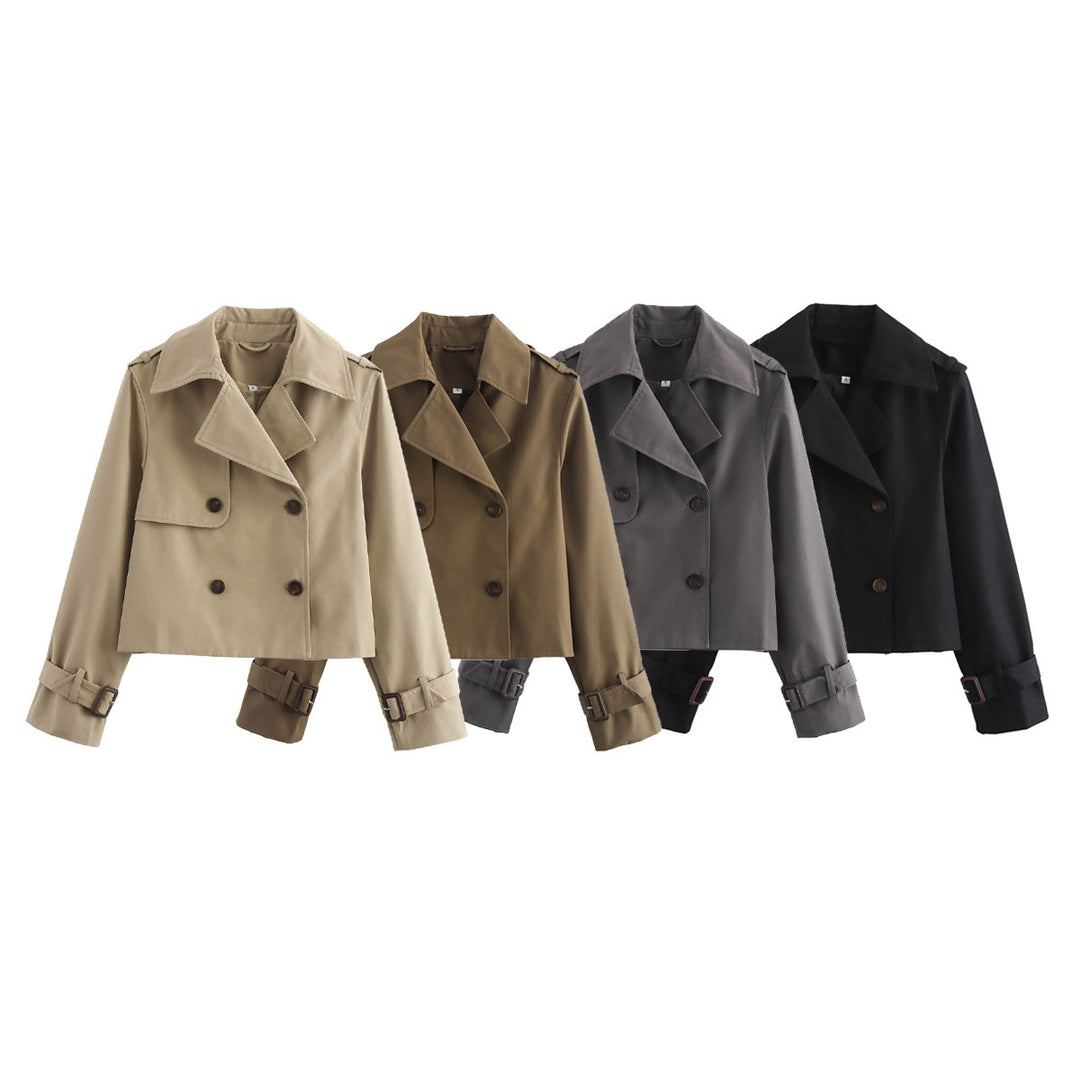 Damen nan cropped Trenchjacke mit Doppelreiher, Epauletten und verstellbaren Schnallenmanschetten Drune