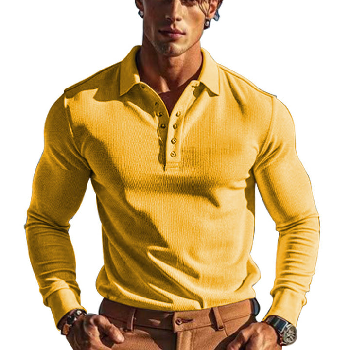 Herren nan körperbetontes Langarm-Henley-Poloshirt aus feiner Rippenstruktur Drune