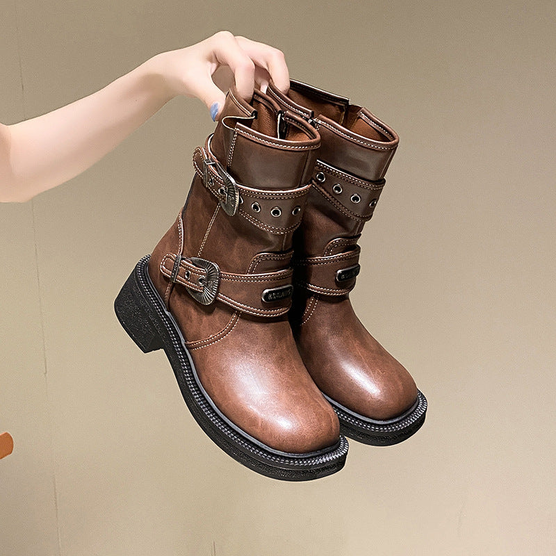 Damen modische Stiefel mit dekorativen Schnallen und robustem Profil Drune