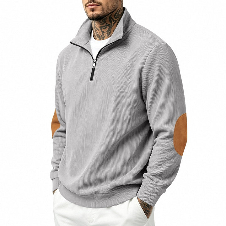 Herren Feinstrick-Halbzip-Pullover mit Cordstruktur und Kontrast-Ellbogenpatch Drune