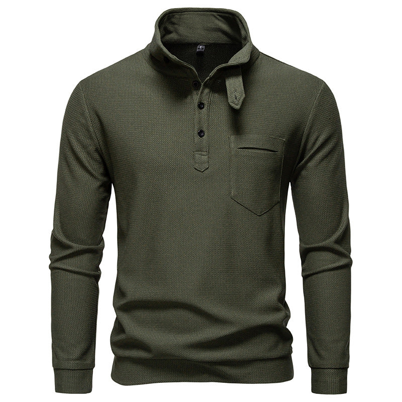 Herren Texturiertes Waffelstrick-Henleyshirt mit hohem Kragen, Knopfleiste und Brusttasche Drune