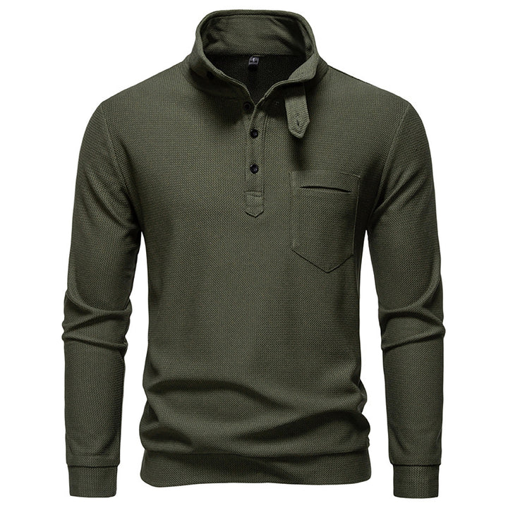 Herren Texturiertes Waffelstrick-Henleyshirt mit hohem Kragen, Knopfleiste und Brusttasche Drune