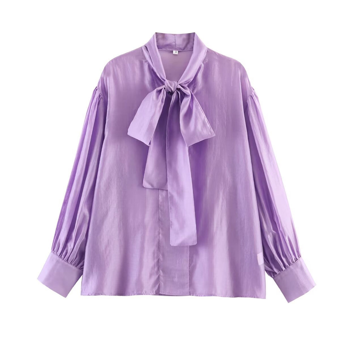 Damen Schluppenbluse aus Satin mit Ballonärmeln und weiter Passform Drune