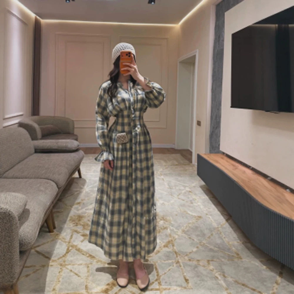 Damen Maxikleid im Karierten Hemdblusenstil mit Taillengürtel und Rüschenmanschetten Drune