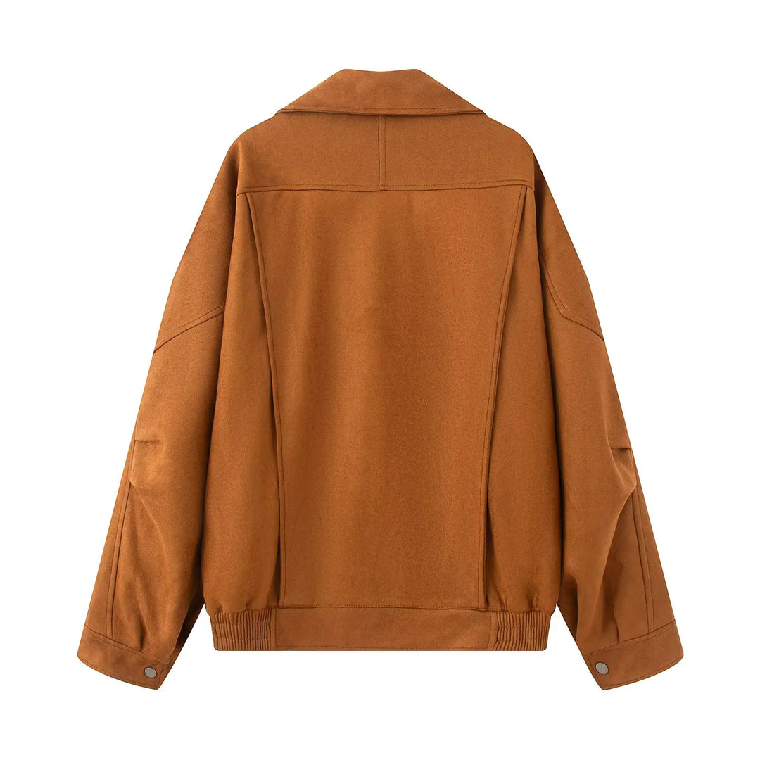 Damen nan oversized Blousonjacke im Veloursoptik mit breitem Schalkragen, Tunnelzugbund und Gürtel Drune