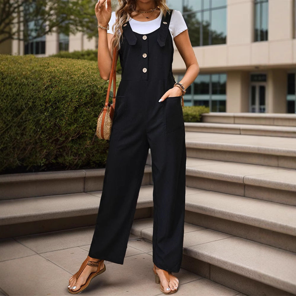 Damen Weichfallender Latz-Jumpsuit mit weitem Bein und Holzknopf‑Verschluss Drune
