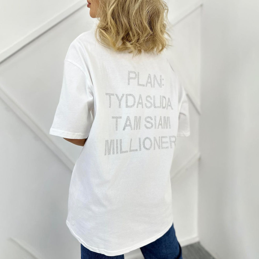 Damen oversized Statement-T-Shirt mit Strassschrift auf dem Rücken Drune