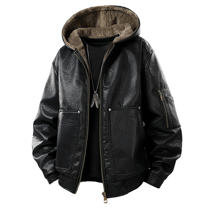Herren gefütterte Lederoptik-Bomberjacke mit Kapuze und Teddyinnenfutter Drune