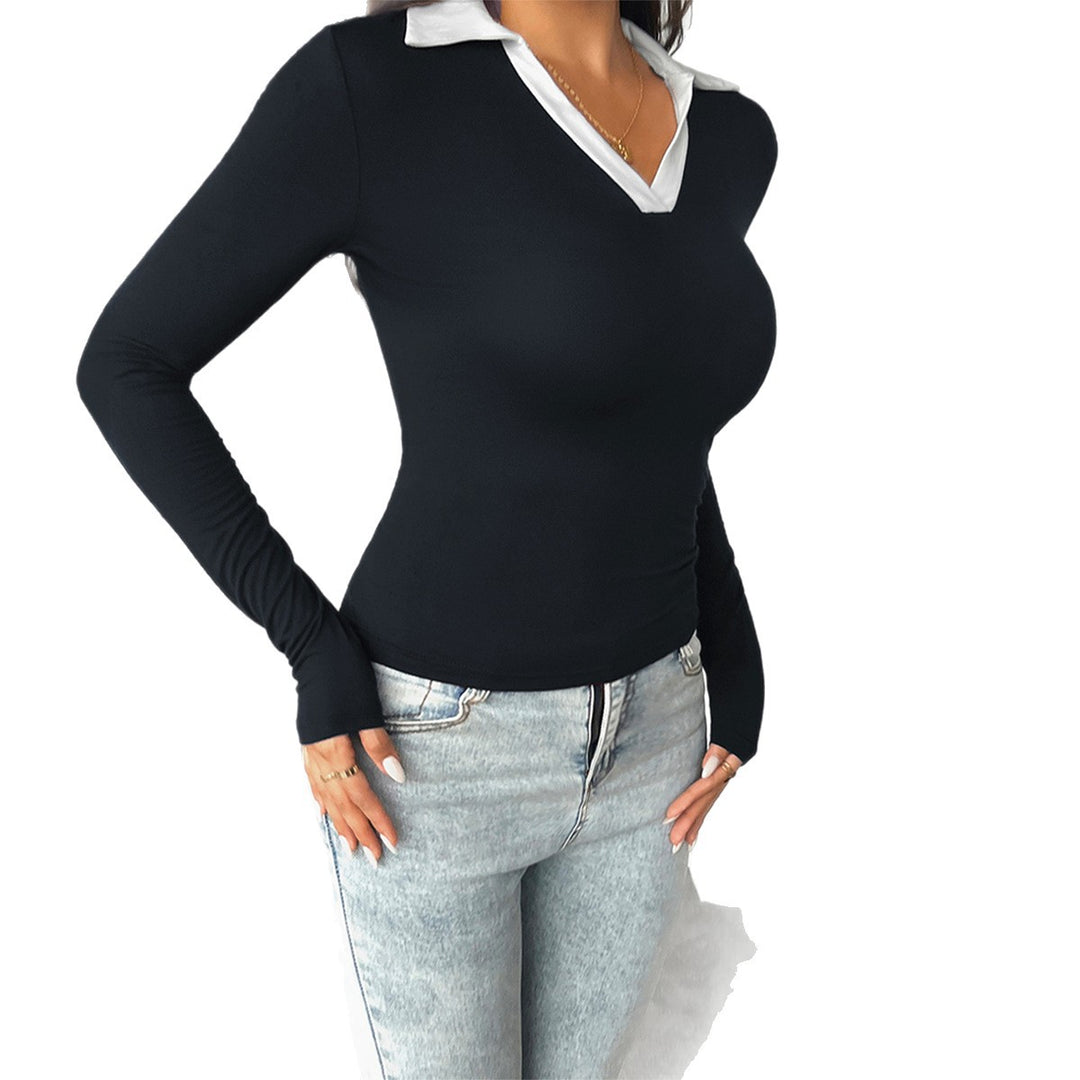 Damen nan tailliertes Longsleeve mit kontrastpolokragen und tiefem V-Ausschnitt Drune