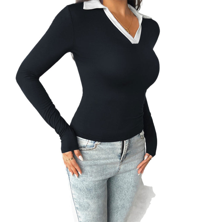 Damen nan tailliertes Longsleeve mit kontrastpolokragen und tiefem V-Ausschnitt Drune