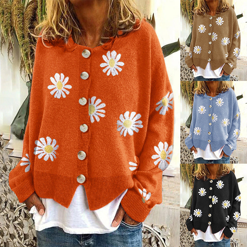 Damen Farbiger Baumwollpullover mit Blumenmuster Drune