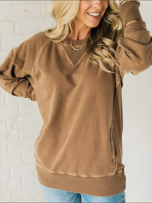 Damen Oversize Baumwoll-Sweatshirt mit V‑Stitch, Rippbündchen und Seitentaschen Drune