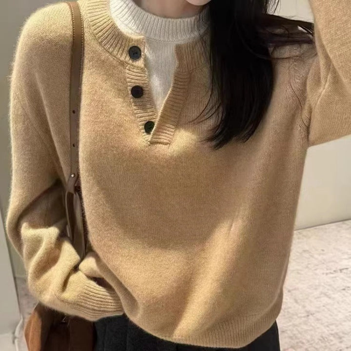 Damen Oversize-Henley-Pullover aus flauschigem Mohair‑Look mit Knopfleiste Drune