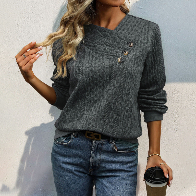 Damen Strukturierter Zopfstrick-Pullover mit asymmetrischer Knopfleiste & Rundhalsausschnitt Drune