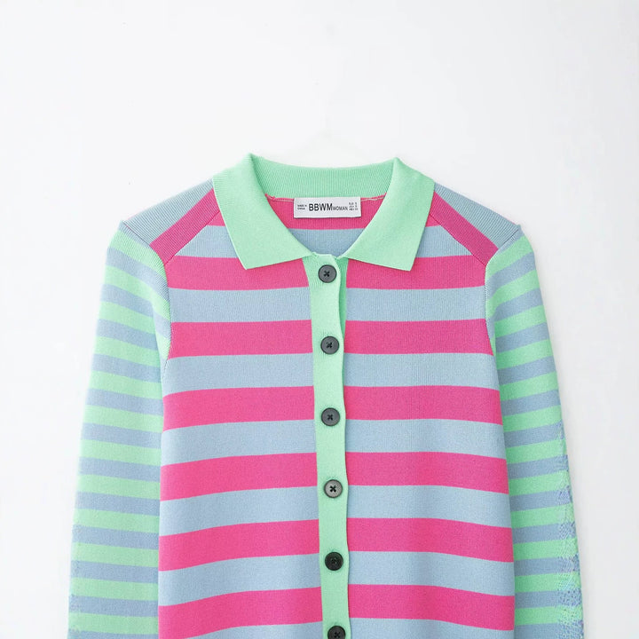 Damen Gestreifte Kurzjacke-Cardigan mit Polokragen und Knopfleiste Drune