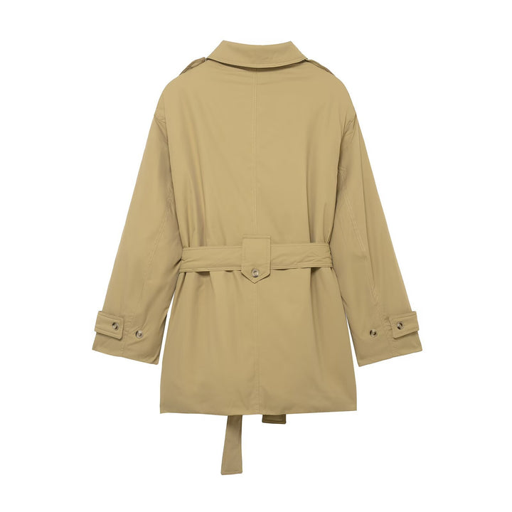 Damen Kurzer Trenchcoat mit Taillengürtel und Schulterklappen Drune