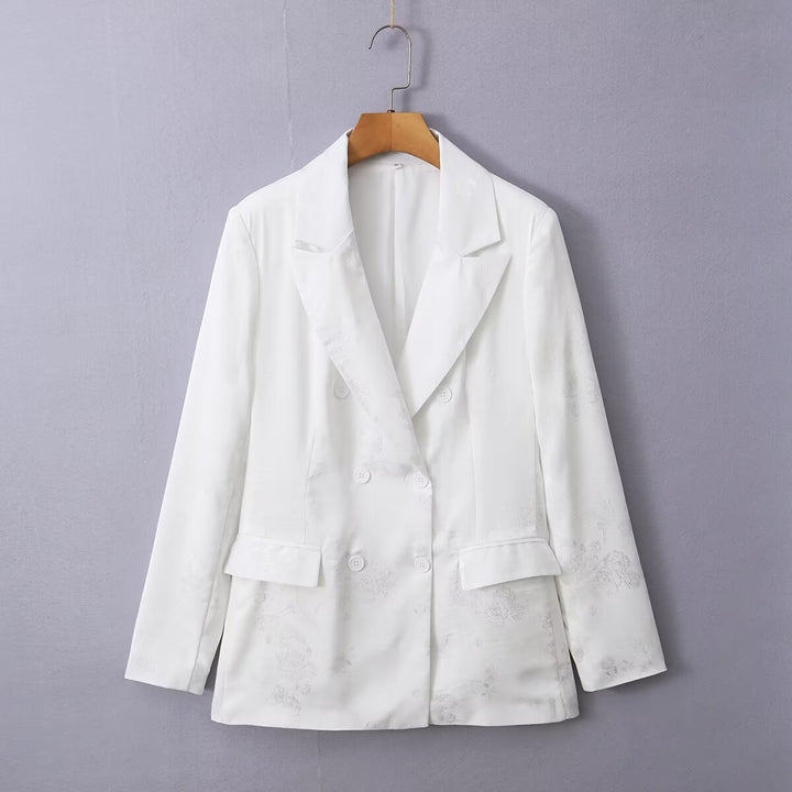 Damen Doppelreihiger Satin-Blazer mit floralem Jacquard und Reverskragen Drune