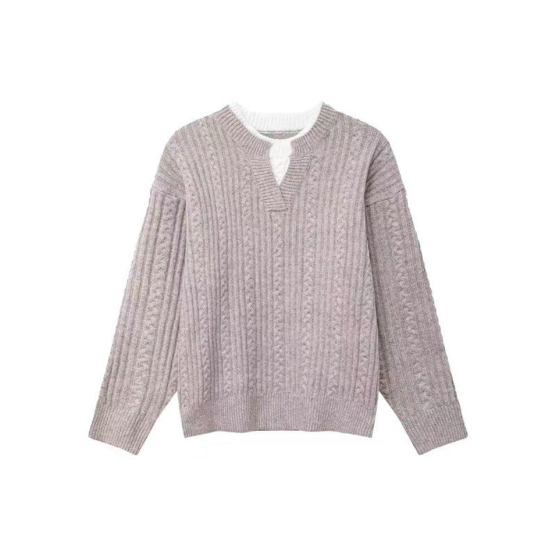 Damen Grobgestrickter Zopfmuster-Pullover mit V‑Ausschnitt und Lagen‑Optik Drune