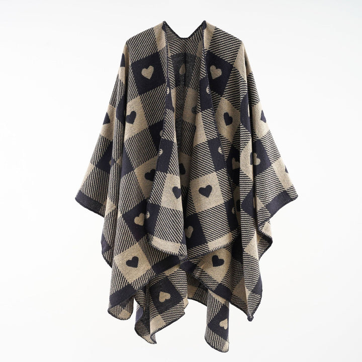 Damen Capeponcho aus Jacquardstrick mit Herz-Allover und offener Front Drune