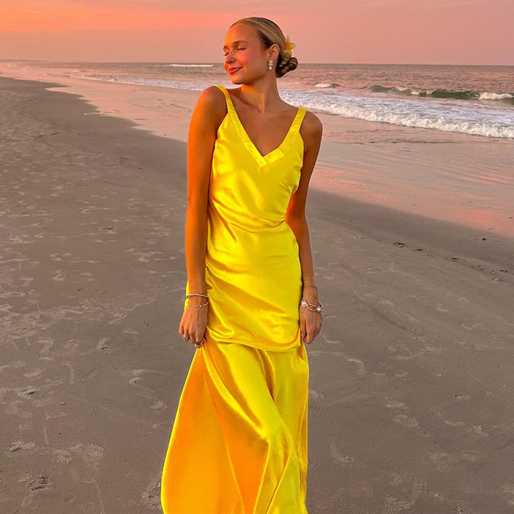 Damen Sommerliches Maxikleid mit elegantem V-Ausschnitt und fließender Silhouette Drune