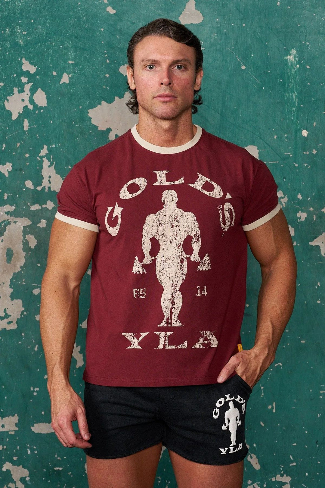 Herren nan Vintage Trainingsshirt mit Rundhalsausschnitt Kontrastbündchen und Retro-Bodybuilding-Druck Drune