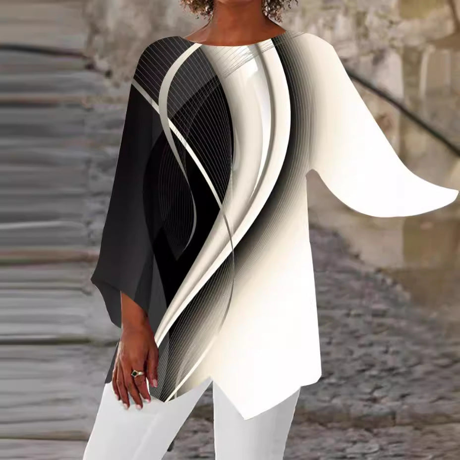 Damen asymmetrisches Langarmshirt mit Grafikdruck und Fledermausärmeln Drune