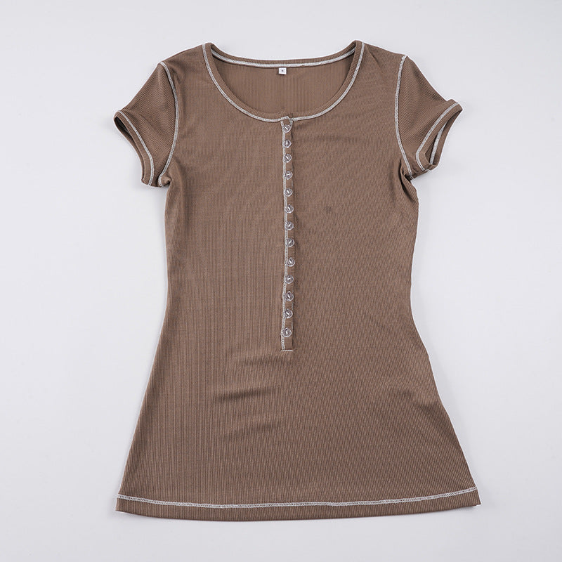 Damen Kurzarm T-Shirt mit Knopfdetails und feiner Rippstruktur Drune