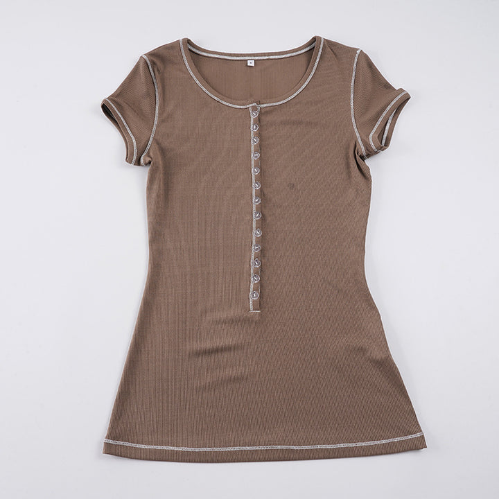 Damen Kurzarm T-Shirt mit Knopfdetails und feiner Rippstruktur Drune