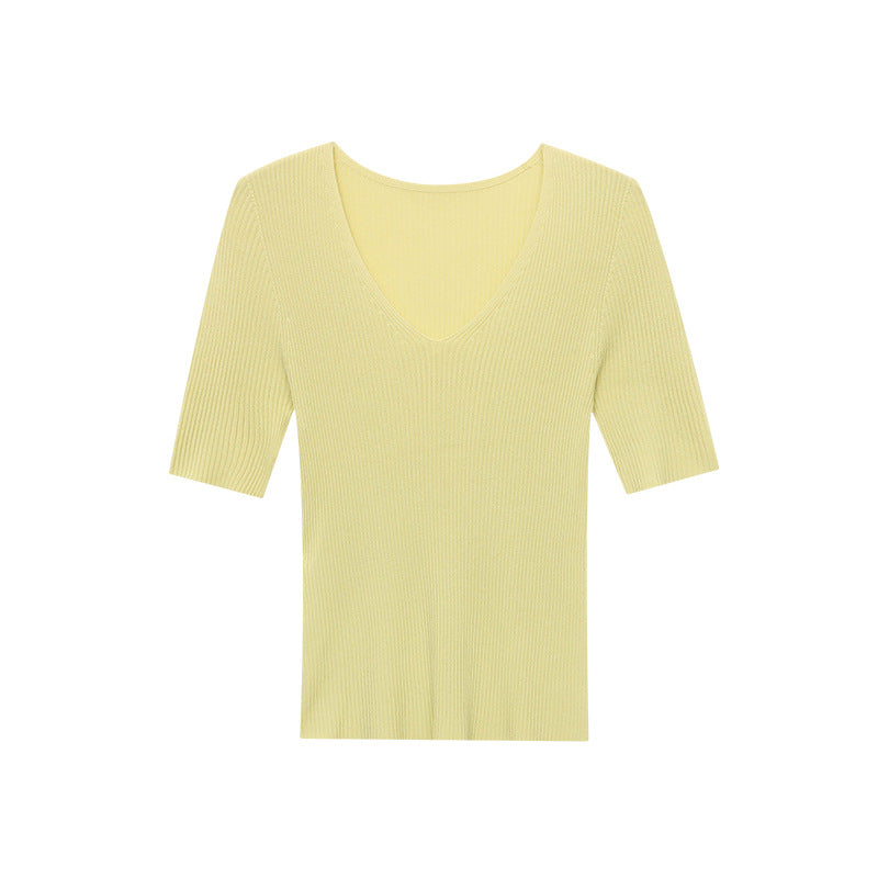Damen figurbetontes V-Ausschnitt-Pullover aus feinem Rippstrick Drune