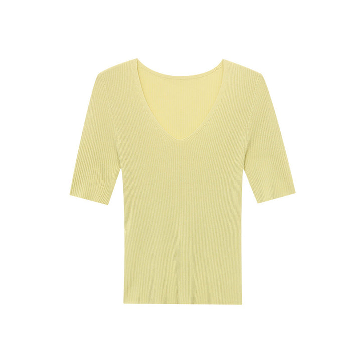 Damen figurbetontes V-Ausschnitt-Pullover aus feinem Rippstrick Drune