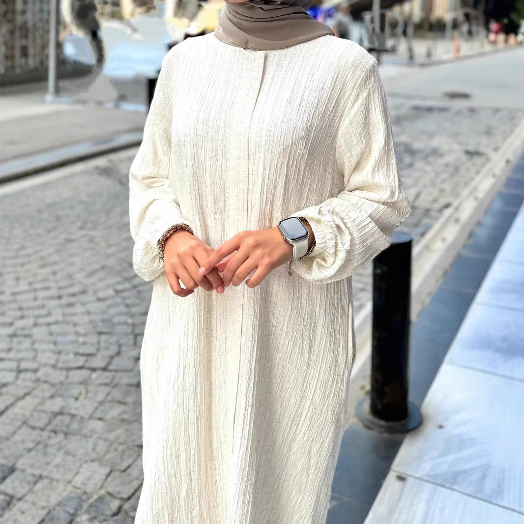 Damen Langes Crinkle-Kaftankleid mit Ballonärmeln und Stehkragenoptik Drune