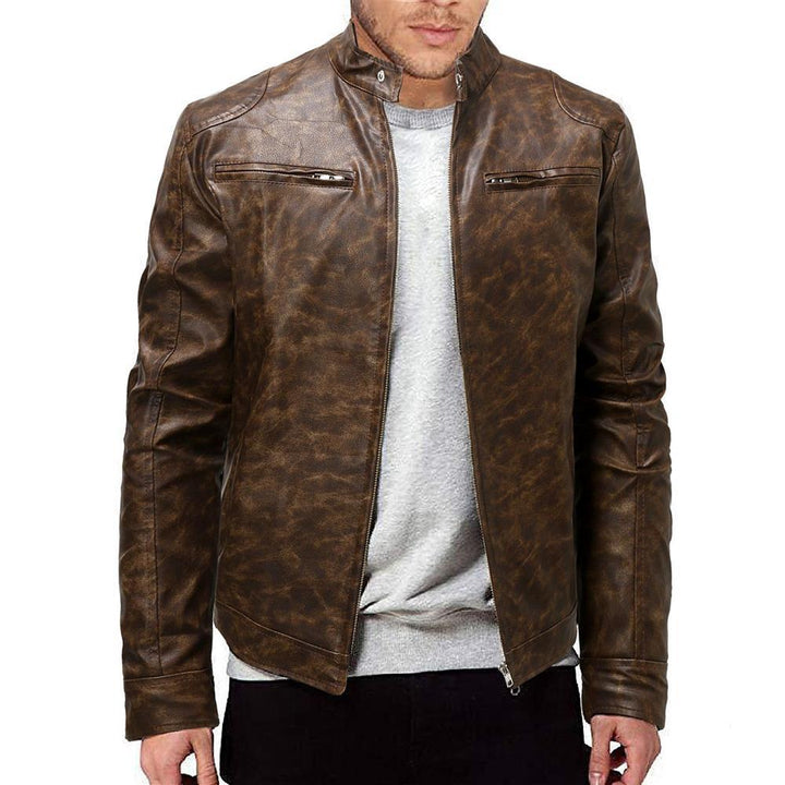Herren Lederjacke im Vintage‑Look mit Stehkragen und Reißverschluss-Details Drune