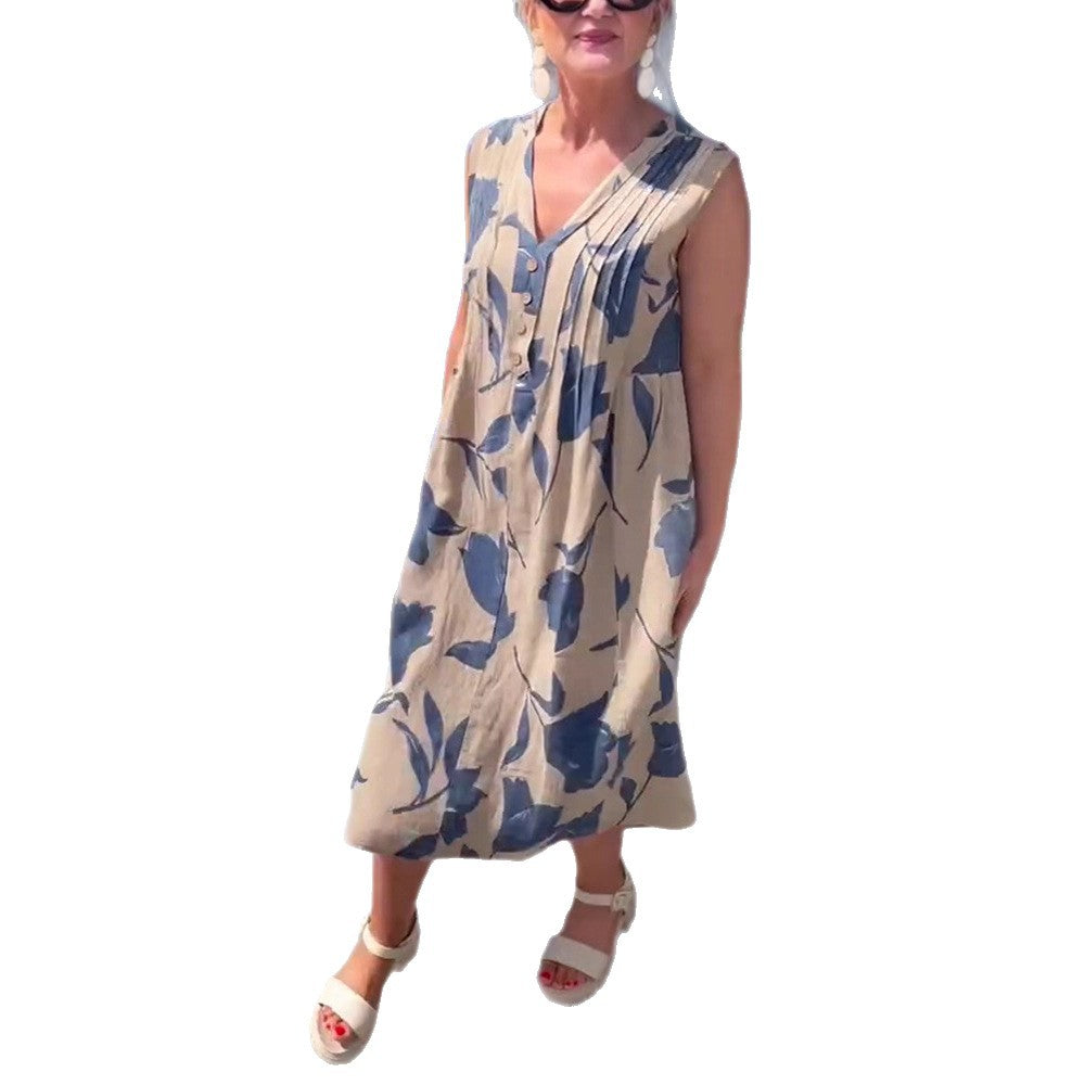 Damen nan ärmelloses A-Linien-Midikleid mit V-Ausschnitt, Brustfalten, Knopfleiste und großem Blumenprint Drune