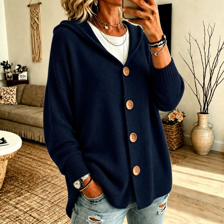 Damen Kapuzen-Cardigan Oversize mit Holzknöpfen und Rippbündchen Drune