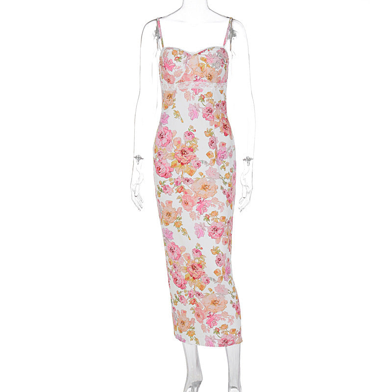 Damen Blütenmaxikleid mit verstellbaren Trägern und figurbetontem Schnitt Drune