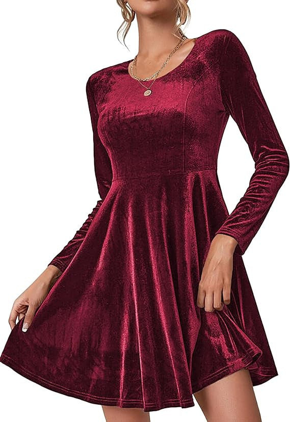 Damen Elegantes Samtkleid mit geschwungenem Saum und langen Ärmeln Drune