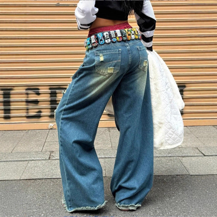Damen weite Destroyed-Denim-Jeans mit Neonfransen-Applikation Drune