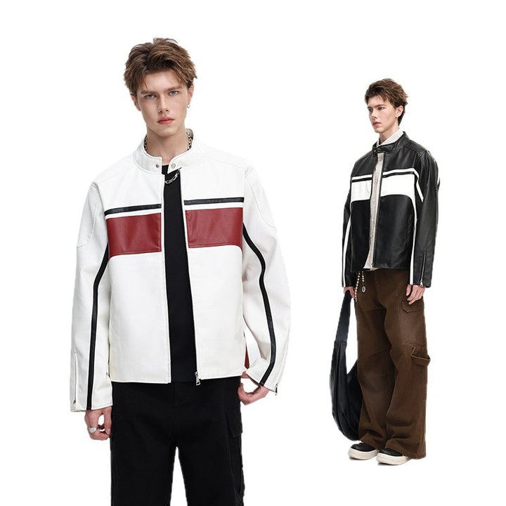 Herren Kontrast-Kunstleder-Bikerjacke mit Stehkragen und Zip-Ärmeln Drune